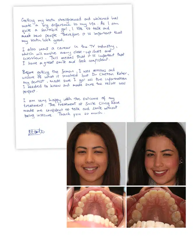 patient's dental transformation documented with before/after photos and a handwritten testimonial.